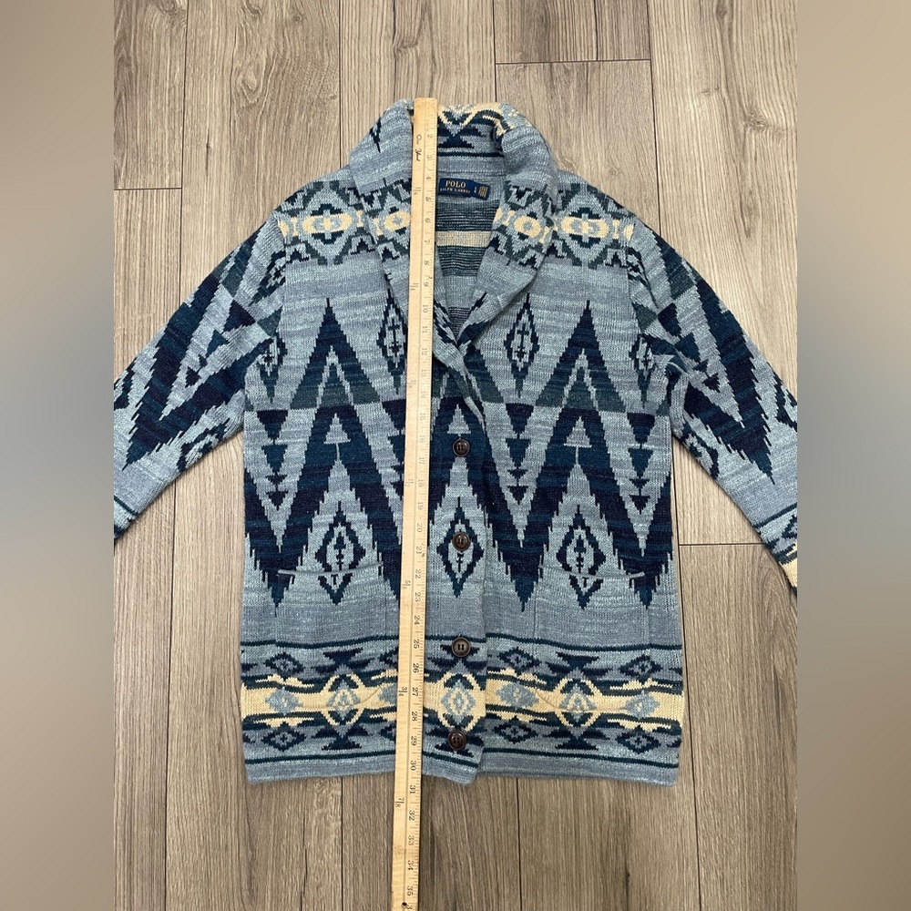 Polo Ralph Lauren Blue Indigo Aztec Print Cardigan Sweater Size Large - Picture 3 of 10